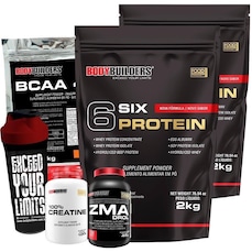 Kit 2x 6 Six Protein Bodybuilders Morango - 2kg + BCAA - 1kg + Creatina + ZMA + Coqueteleira