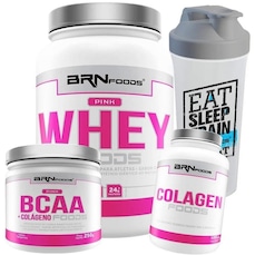 Kit Pink Whey BRN Foods - Baunilha - 900g + Pink BCAA - Tangerina + Colágeno + Coqueteleira