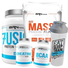Kit Fusion BRN Foods - Baunilha - 900g + Size Mass - Baunilha - 3kg + BCAA Fit - Tangerina - 100g + Creatina - 100g + Coqueteleira