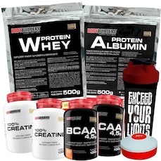 Kit BodyBuilders Whey Protein Chocolate 500g + Albumina Chocolate 500g + 2x BCAA 100g + 2x Creatina 100g + Coqueteleira