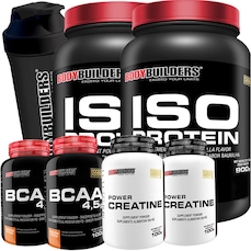Kit 2x Whey Protein Isolado Bodybuilders Baunilha e Morango -900g + 2x BCAA 100g + 2x Creatina 100g + Coqueteleira