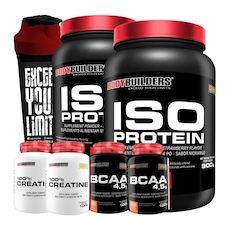 Kit 2x Iso Protein Choc 900g + 2x Creatina 100g + 2x BCAA 100g Tang + Coqueteleira - Bodybuilders