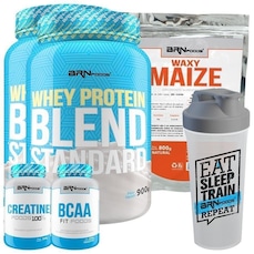 Kit 2x Whey Blend BRN Fooods - Morango - 900g + BCAA 100g + Creatina 100g + Waxy Maize 800g + Coqueteleira - 600 ml