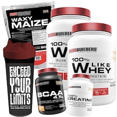 Kit 2x 100% Like Whey Protein Morango 900g + Waxy Maize + BCAA + Creatina + Shaker - Bodybuilders