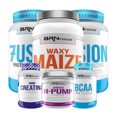 Kit 2x Whey Protein BRN Foods 900g Morango + Waxy Maize + BCAA + H Pump + Creatina