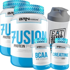 Kit BRN Foods 2x Whey Protein 900g Morango + BCAA + Creatina + Coqueteleira