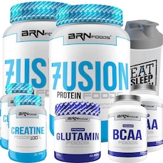 Kit 2x Whey Protein 900g Baunilha + 2x BCAA + 1x Glutamina + 2x Creatina + Coqueteleira - BRN Foods