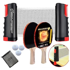 Kit Tênis de Mesa Gold Sports Gold Pro: 2 Raquetes + 3 Bolas 3 Estrelas + Suporte com Rede Retrátil
