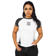 Camisa Baby Look do Corinthians Raglan Branca Coimbra Feminina