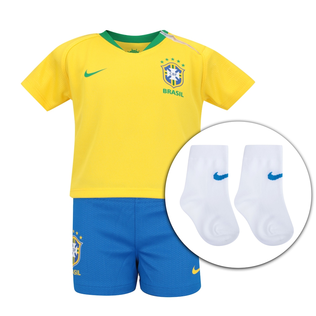 Kit Bebê Uniforme de Futebol da Seleção Brasileira I 2018 Nike: Camisa + Calção + Meião - Infantil - Foto 1