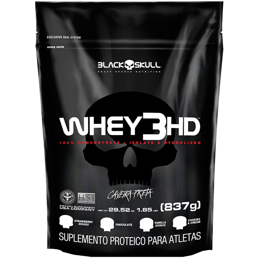 Whey Protein Black Skull Morango 3HD Refil - 837g - Foto 1