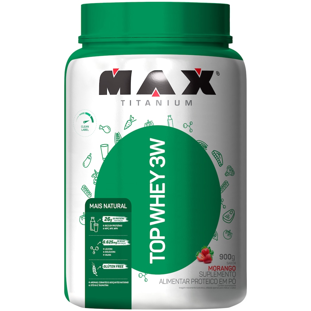 Whey Protein Max Titanium Morango Top 3W Mais Natural - 900g - Foto 1