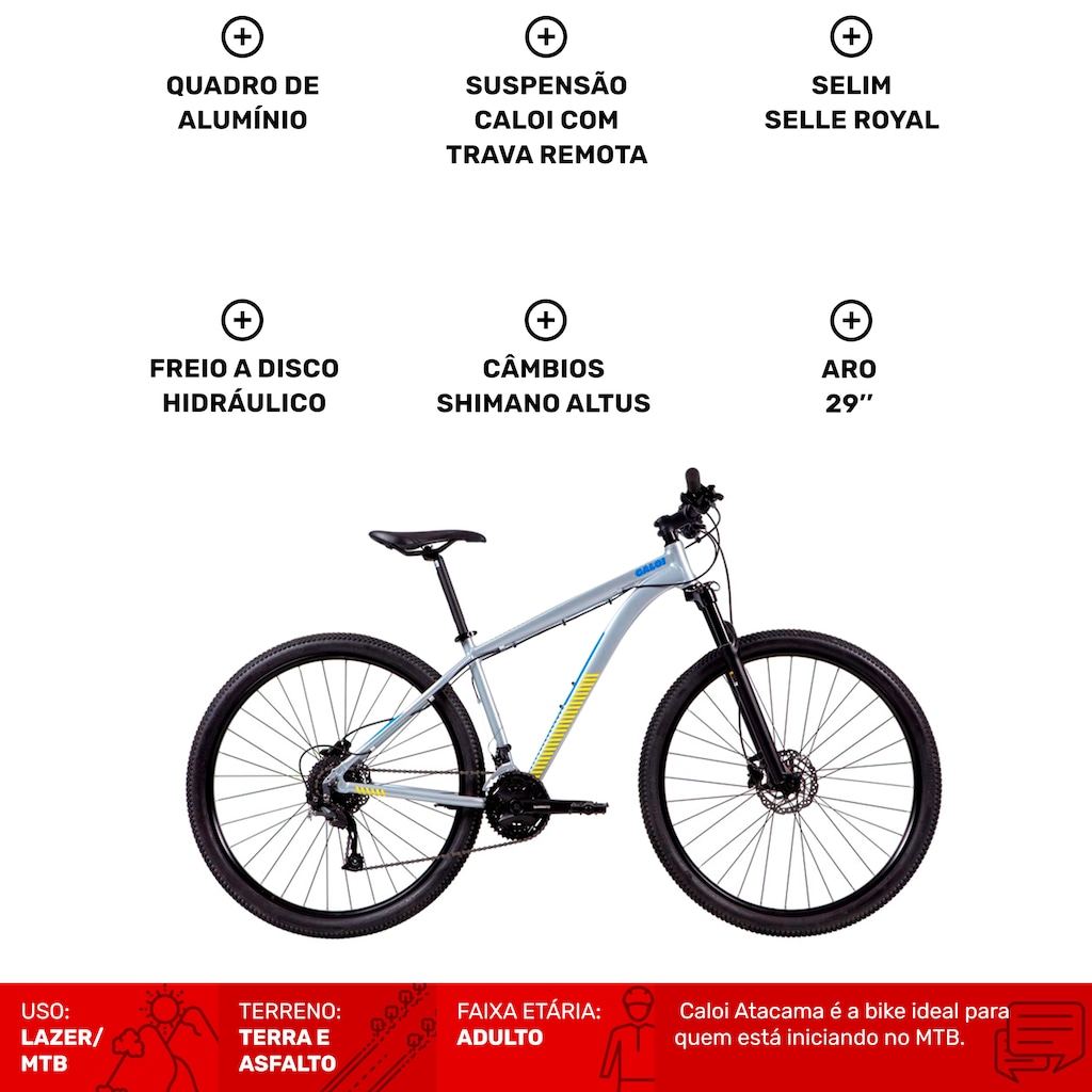 Imagem 2 do produto Mountain Bike Caloi Atacama - Aro 29 - Freio Disco Hidráulico - Câmbio Traseiro Shimano Altus - 27 V