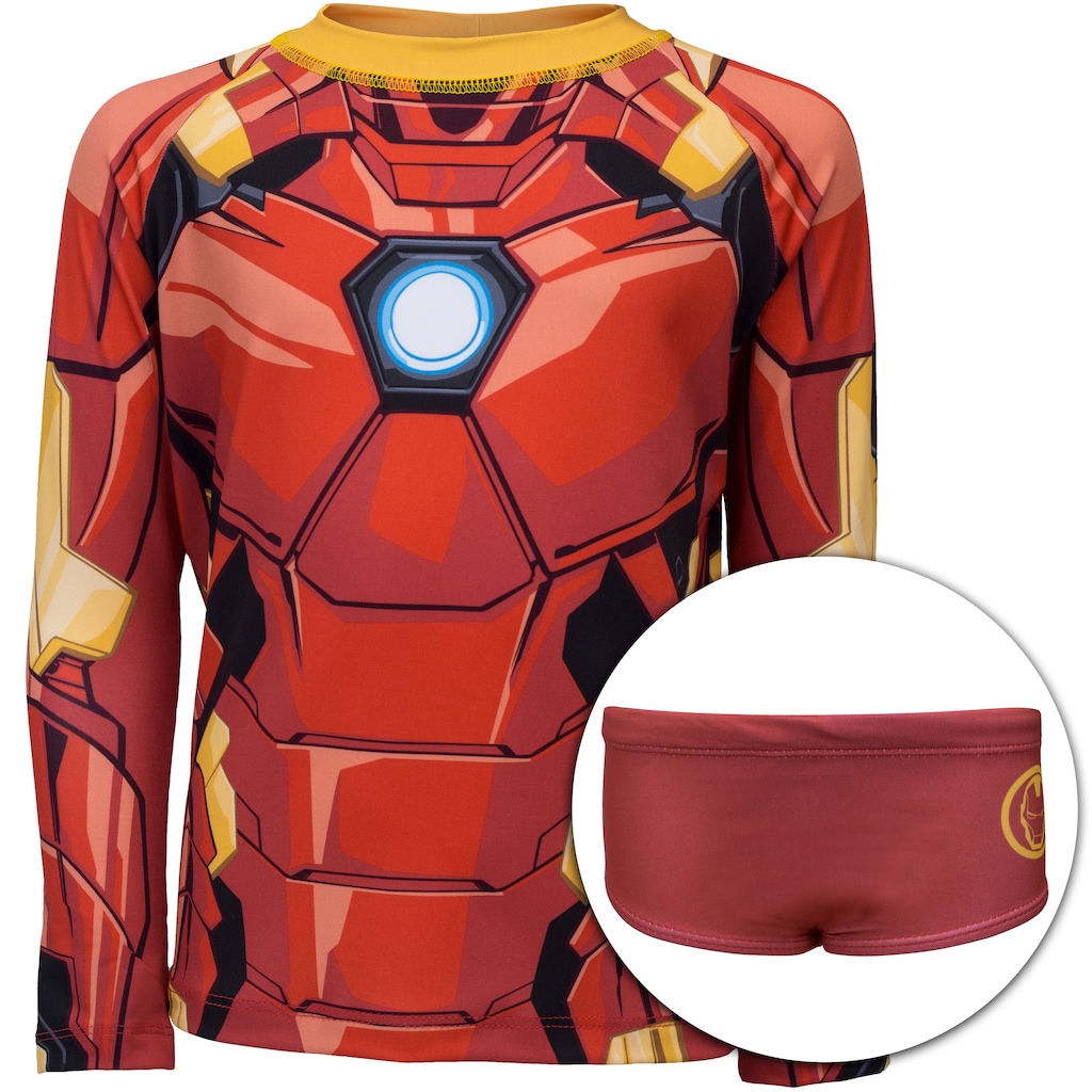 Conjunto Camiseta Manga Longa com Proteção Solar UV e Sunga Marvel Homem de Ferro - Infantil - Foto 1