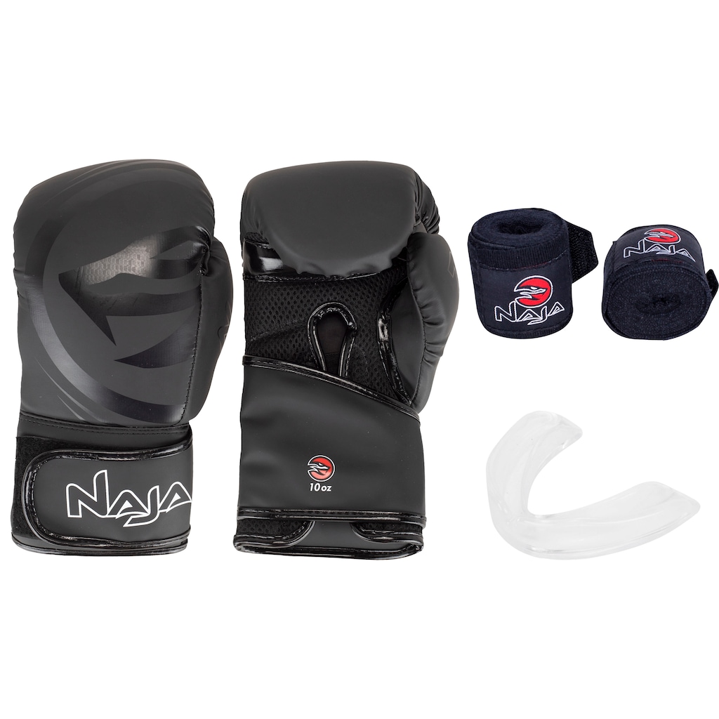 Kit de Boxe Naja: Bandagem + Protetor Bucal + Luvas de Boxe Black - 10 OZ - Adulto