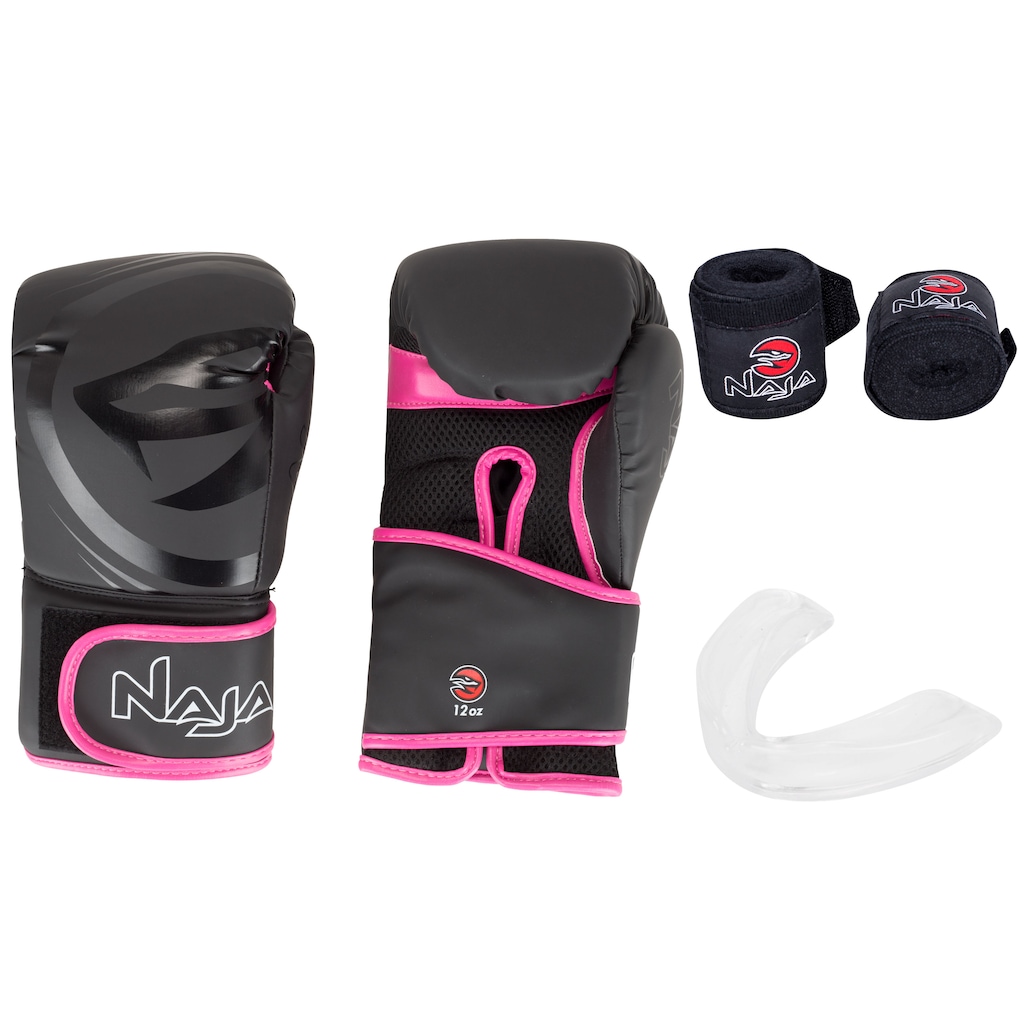 Kit de Boxe Naja: Bandagem + Protetor Bucal + Luvas de Boxe Black - 10 OZ - Adulto