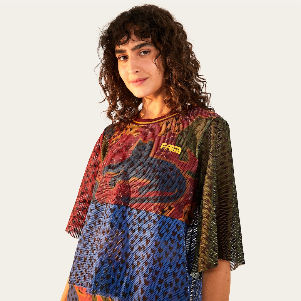 Blusa Feminina Farm Cropped Tela Onça Coração - Foto 1