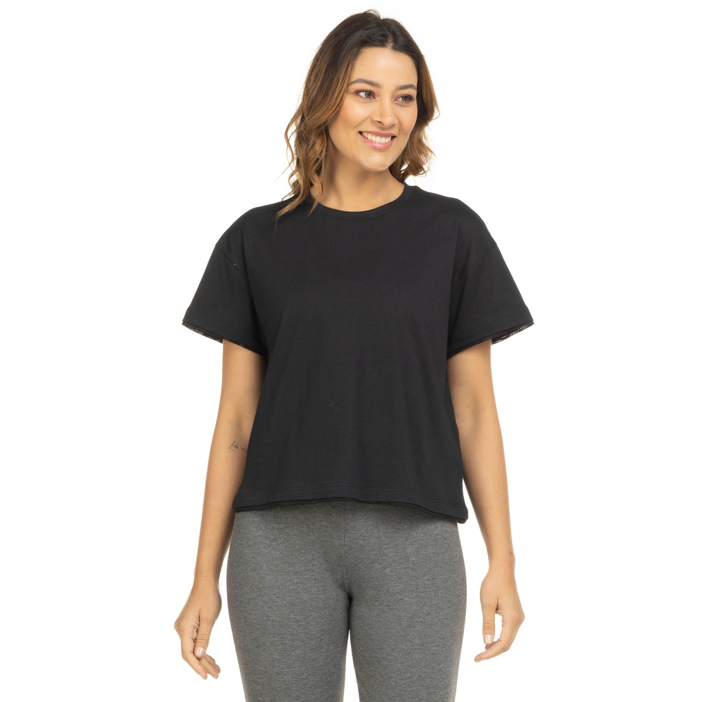 Blusa Cropped Manga Curta Oxer Barra Mesh - Feminina - Foto 2