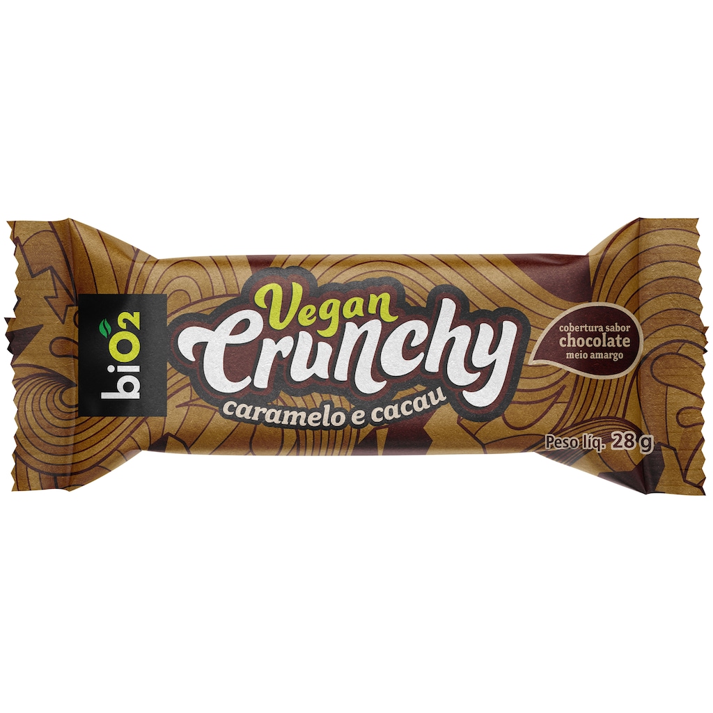 Barra de Proteína Bio2 Vegan Crunchy Caramelo e Cacau 28g com Cobertura de Chocolate Meio Amargo