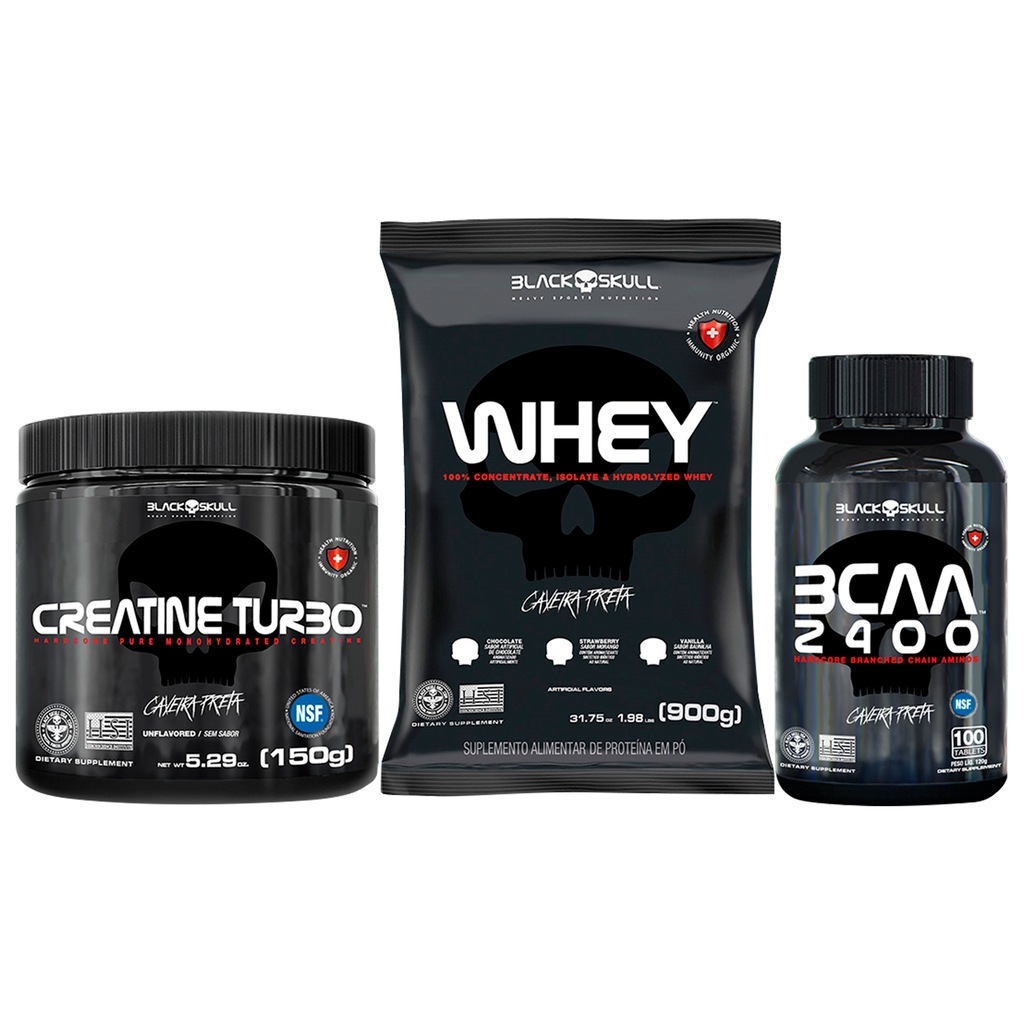 Kit Black Skull Whey Protein 100% Isolado Chocolate 900g + Creatina Turbo 150g + BCAA 2400 120g - Foto 1