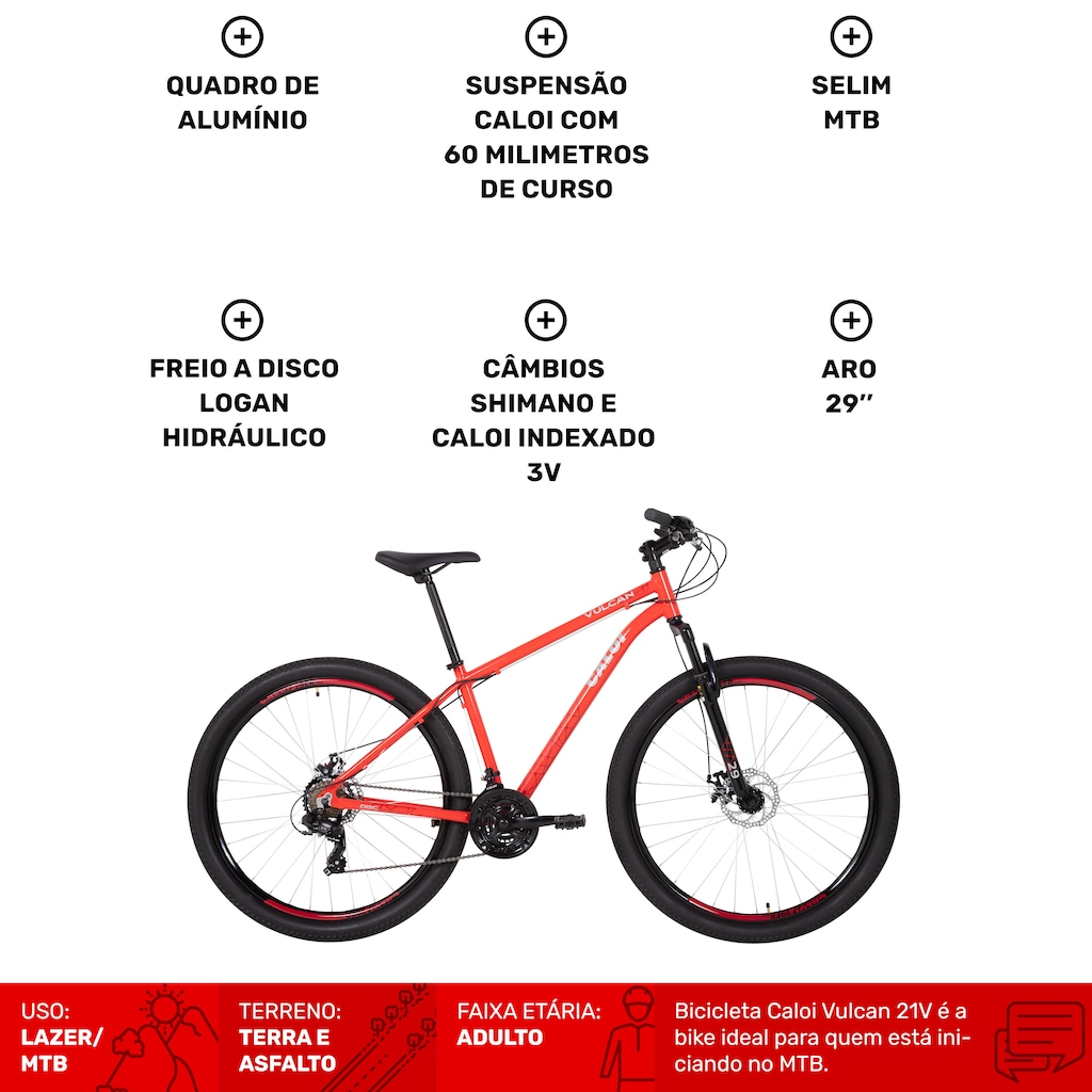 Imagem 2 do produto Bicicleta Caloi Vulcan - Aro 29 - Freio a Disco Mecânico - Câmbio Traseiro Shimano - 21 Marchas