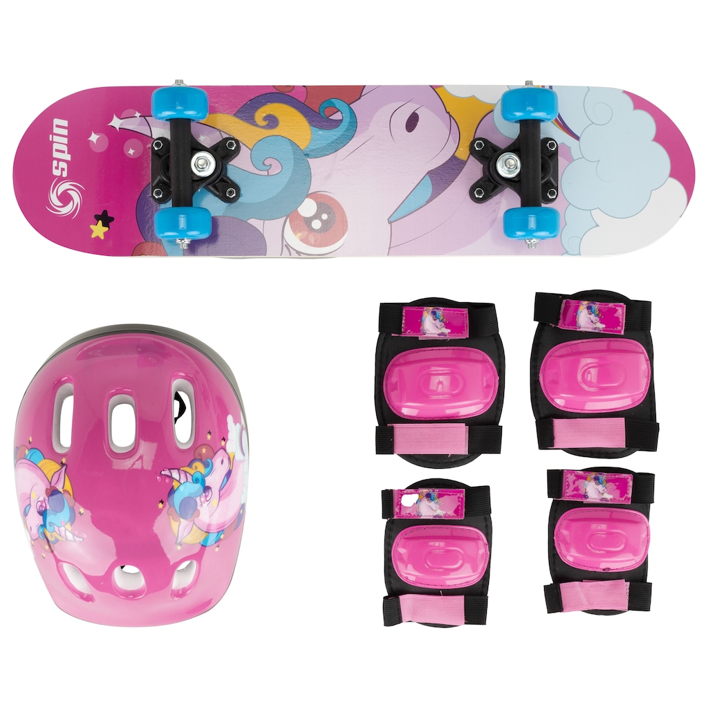 Skate Infantil Spin Unicórnio com Kit Protetor Capacete + 1 Par de Cotoveleira + 1 Par de Joelheira