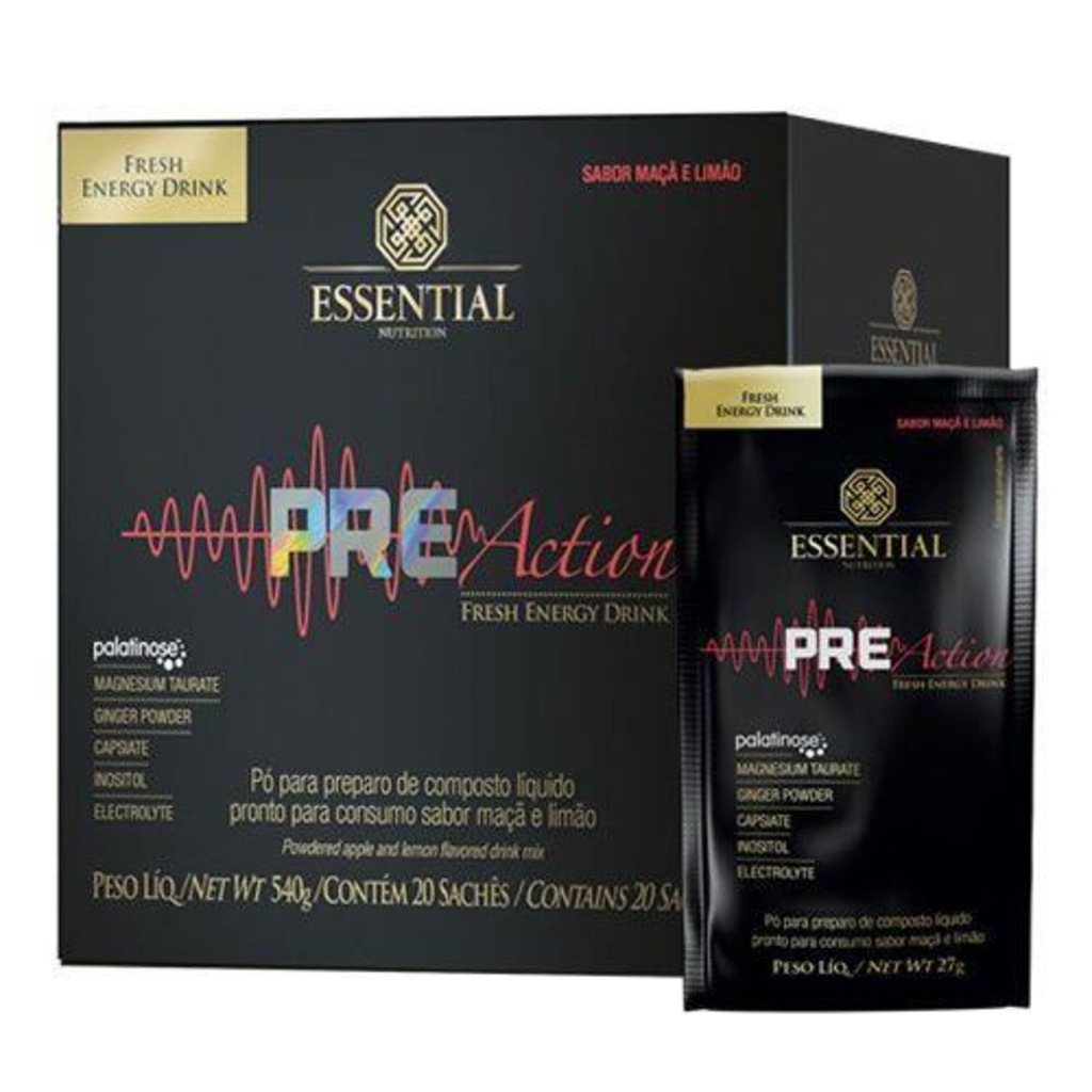 Pré-Treino Essential Nutrition Pre-Action - Maçã e Limão - 20 Sachês de 27g Cada - Foto 1