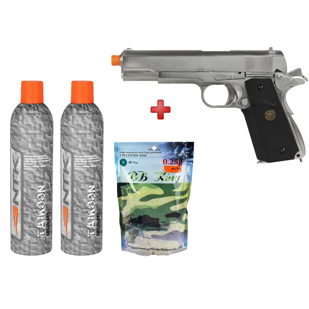 Pistola Airsoft GBB WE 1911 MEU Gen2 Cromada 6mm + 2 Gás Nautika Taikoon Green + Munição BB King - Foto 1