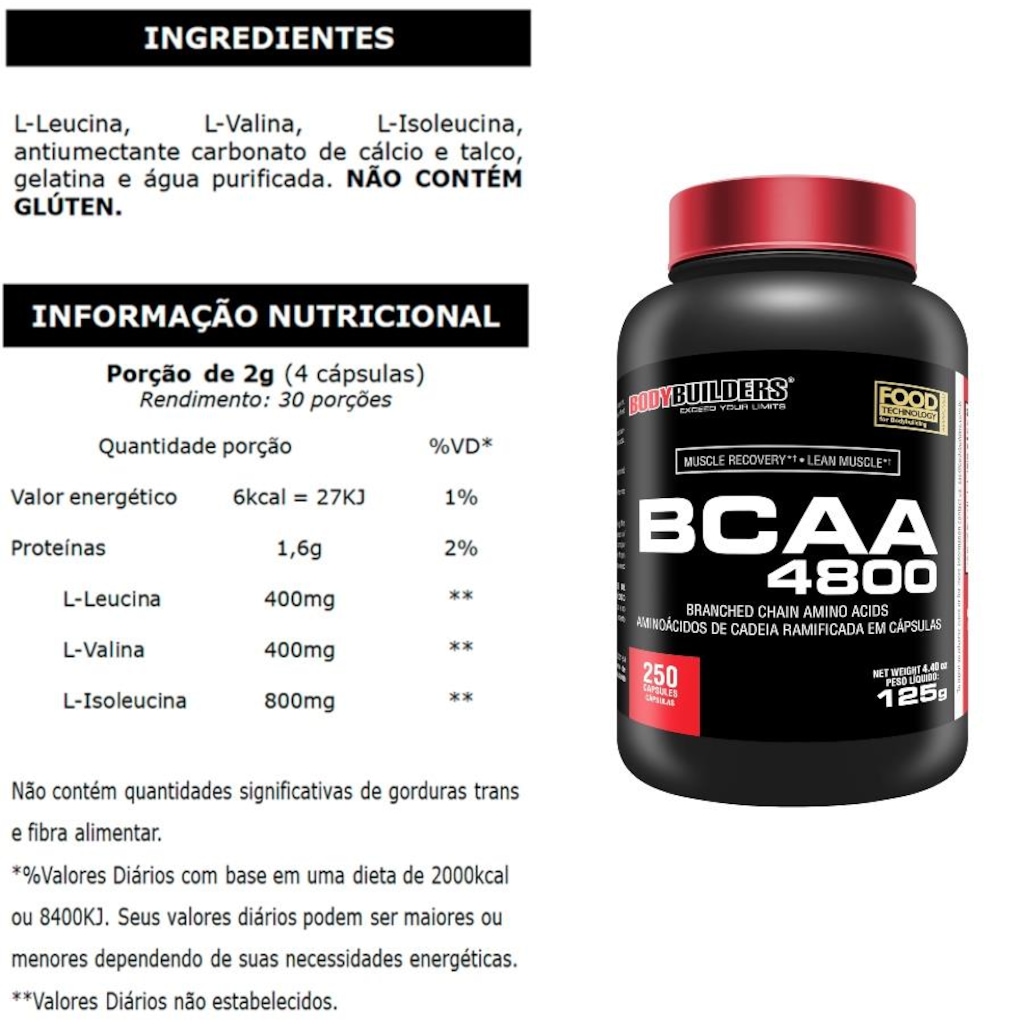 Imagem 2 do produto BCAA Bodybuilders 4800 - 250 Cápsulas