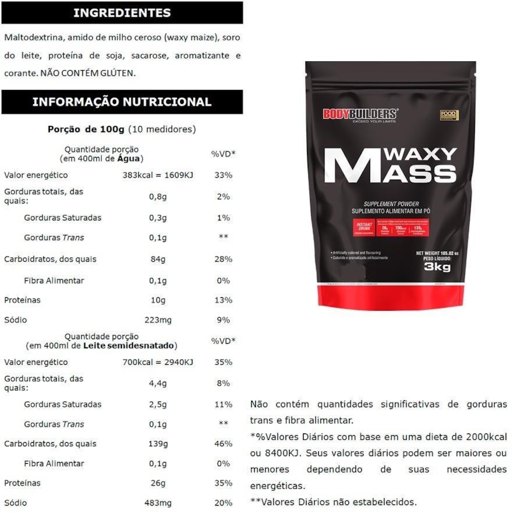 Imagem 2 do produto Kit Waxy Mass Bodybuilders Morango - 3kg  + BCAA+ Creatina 100g + Coqueteleira