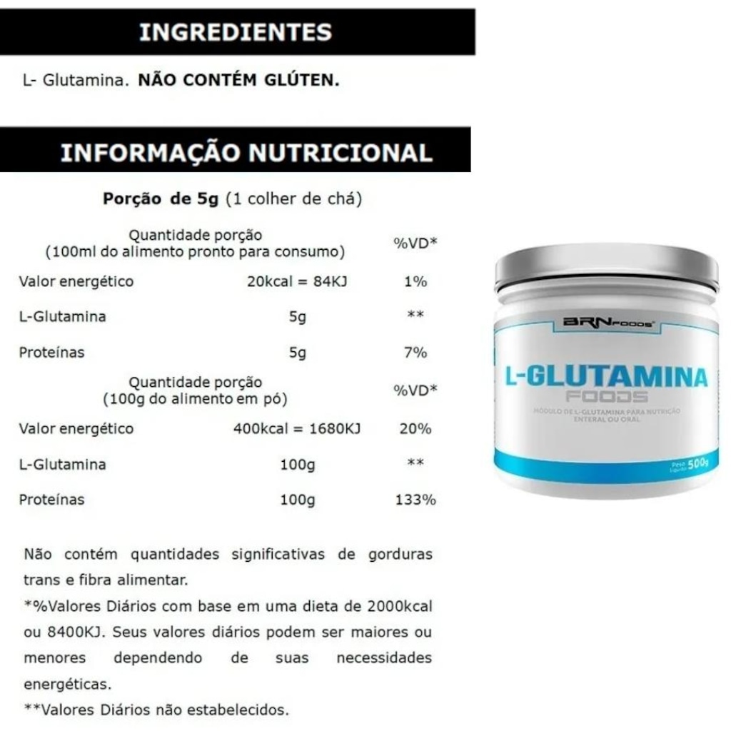 Imagem 2 do produto L-Glutamina BRN Foods - 500g