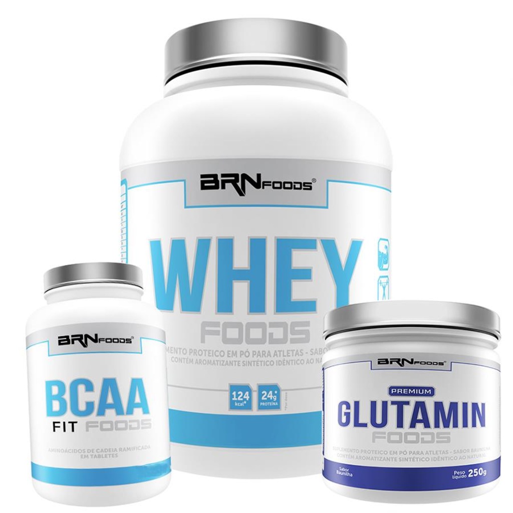Kit Whey Protein BRN Foods Chocolate - 900g  + BCAA 100g + Glutamina 250g