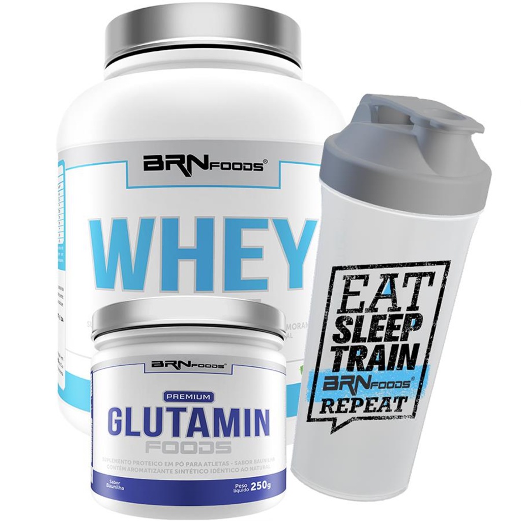 Whey Protein BRN Foods Baunilha -2kg + Glutamina 250g + Coqueteleira