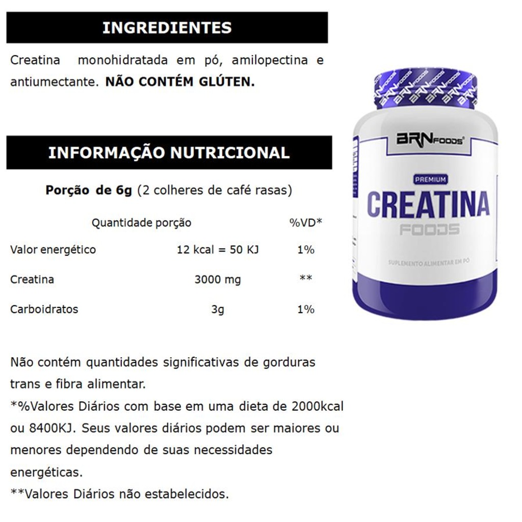 Imagem 4 do produto Kit Whey Protein Isolado BRN Foods 900g Baunilha + Creatina 300g + BCAA 100g + Coqueteleira