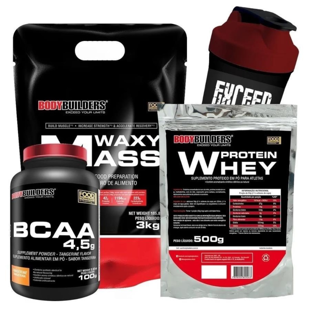 Kit Waxy Mass Bodybuilders - Morango - 3kg + Whey Protein - Morango - 500g  + BCAA + Coqueteleira