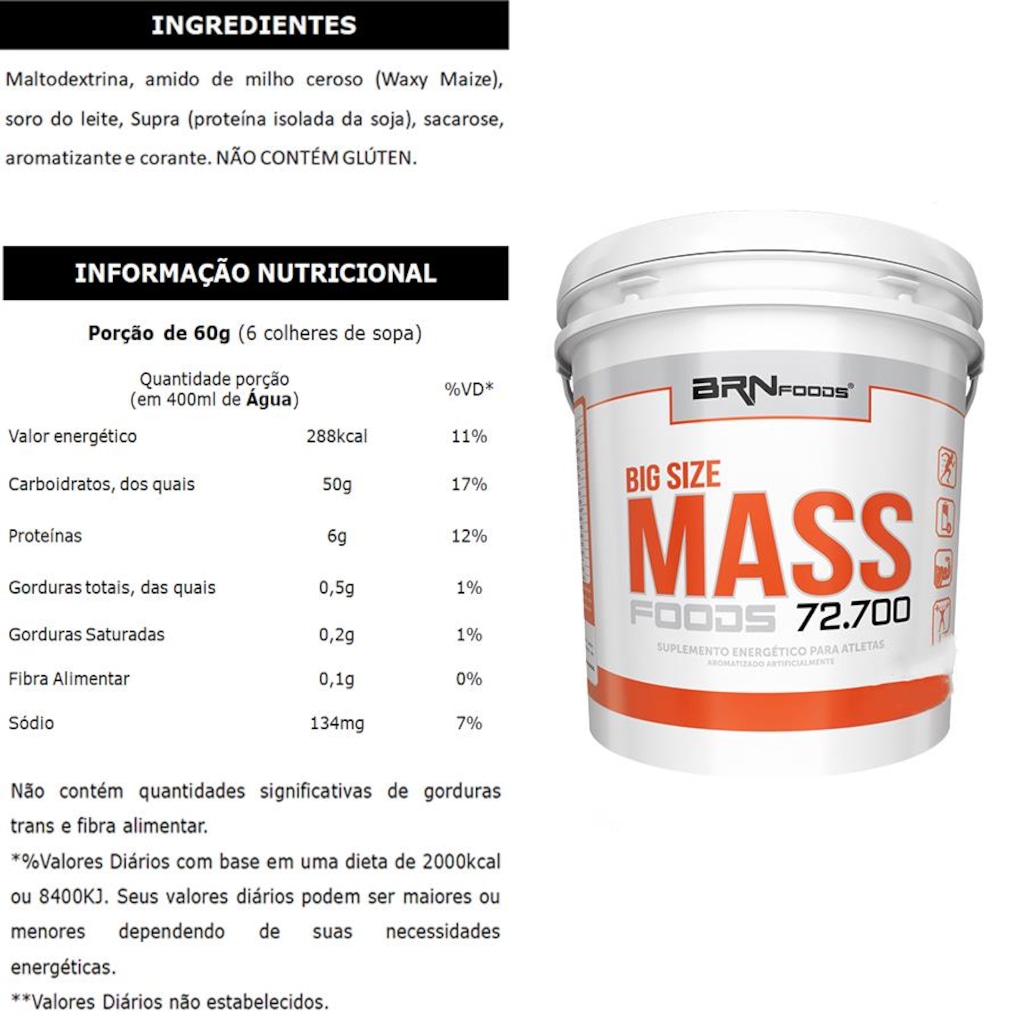 Imagem 2 do produto Kit Hipercalórico Big Size Mass 6kg Morango + BCAA 100g + Creatina 100g + Coqueteleira - BRN Foods