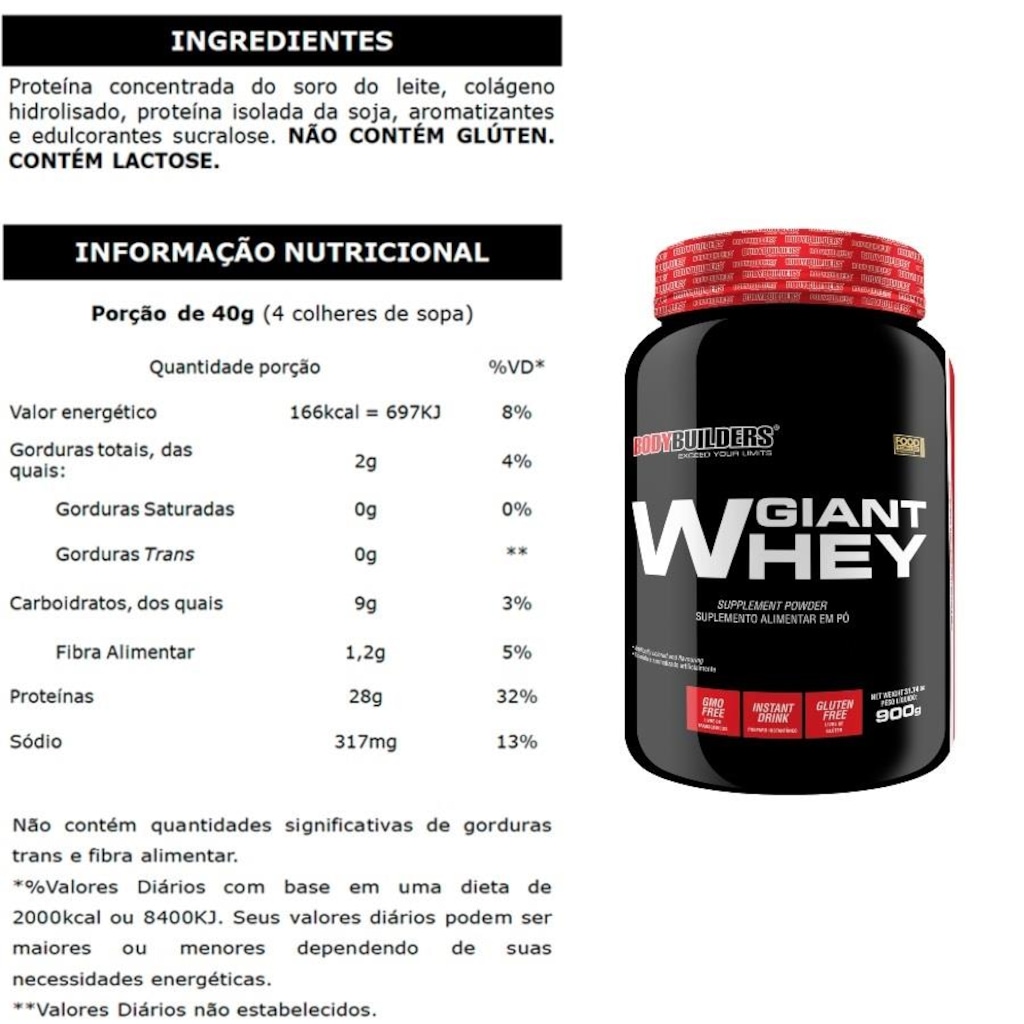 Imagem 2 do produto Giant Whey Protein 900g Chocolate + BCAA + Creatina 100g + Coqueteleira - Bodybuilders