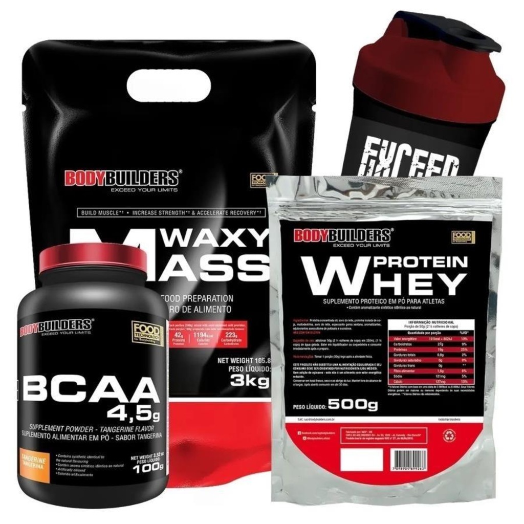 Waxy Mass Bodybuilders - Baunilha - 3kg + Whey Protein - Baunilha - 500g + BCAA + Coqueteleira