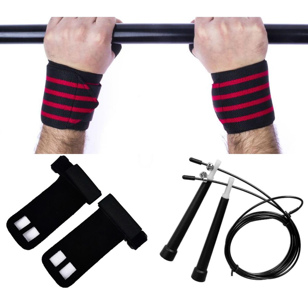 Kit Cross Training Corda Speed + Munhequeiras Profissional + Luva hand Grip Couro - Adulto - Foto 1