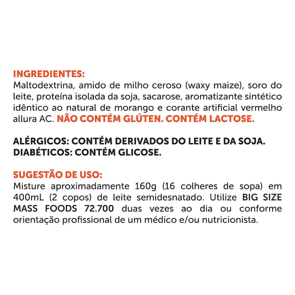 Imagem 2 do produto Hipercalórico Big Size Mass 72.700 BRN Foods - 6Kg