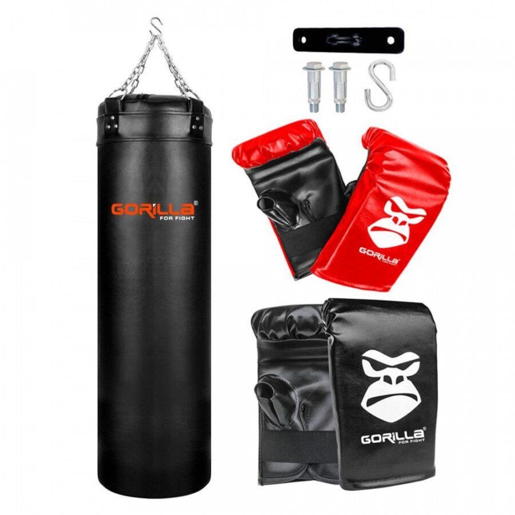 Kit Gorilla: Saco de Pancada 120 Cm + 2 Luvas Bate Saco + Suporte