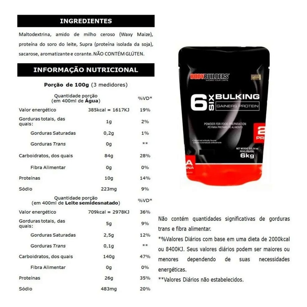 Imagem 2 do produto Massa 6 Bulking Gainers Protein Bodybuilders - Baunilha - 6 Kg - Refil