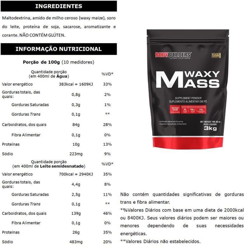 Imagem 2 do produto Kit Hipercalórico Bodybuilders Waxy Mass - Morango - 3Kg - 3 Unidades