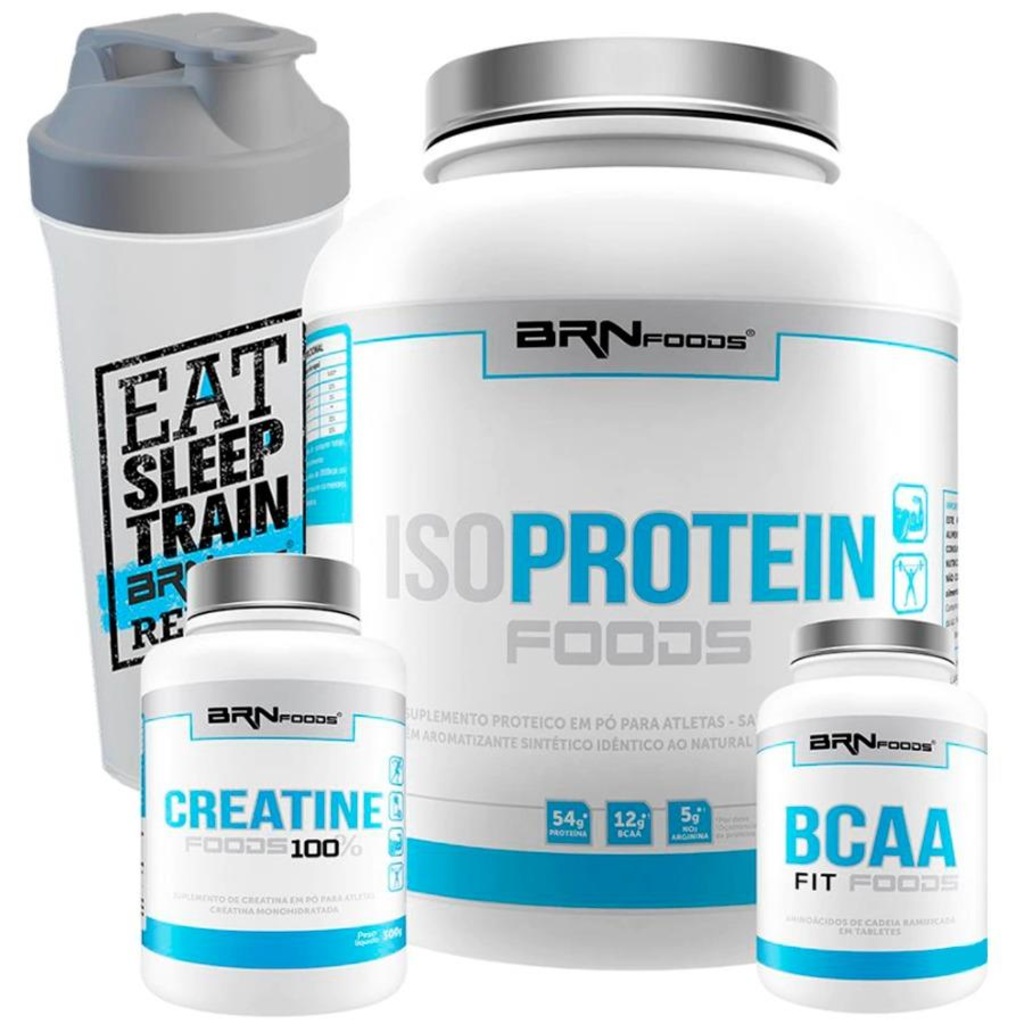Kit Whey Protein Isolado 2kg Baunilha + Creatina 300g + Bcaa 100g + Coqueteleira - BRN Foods