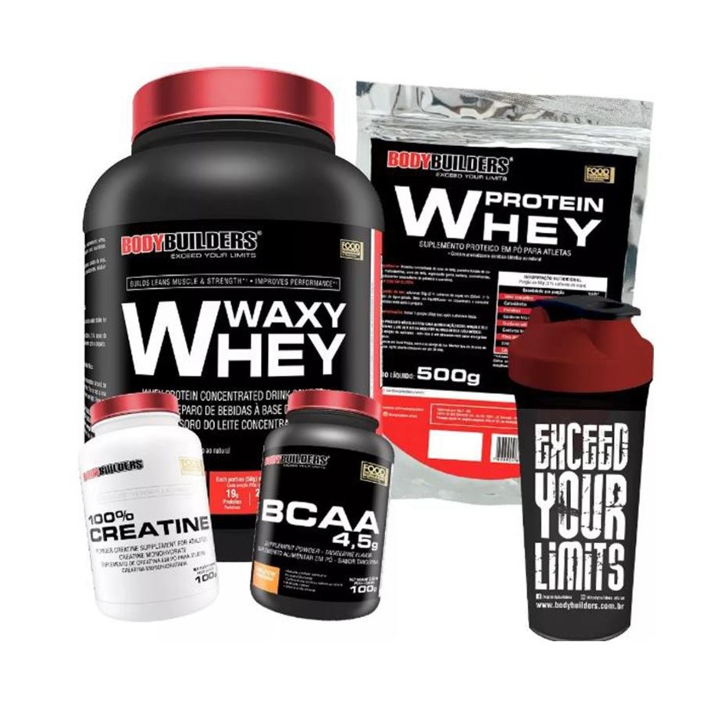Kit Whey Protein Bodybuilders Waxy - Baunilha- 900g + Whey Protein + BCAA + Creatina + Coqueteleira