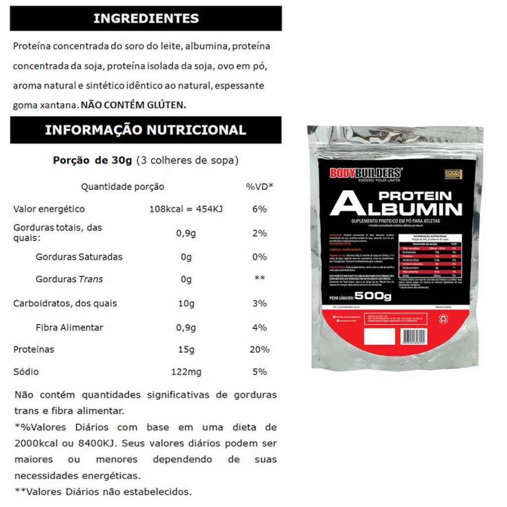 Imagem 2 do produto Albumina Bodybuilders - Chocolate - 500g - 5 Unidades