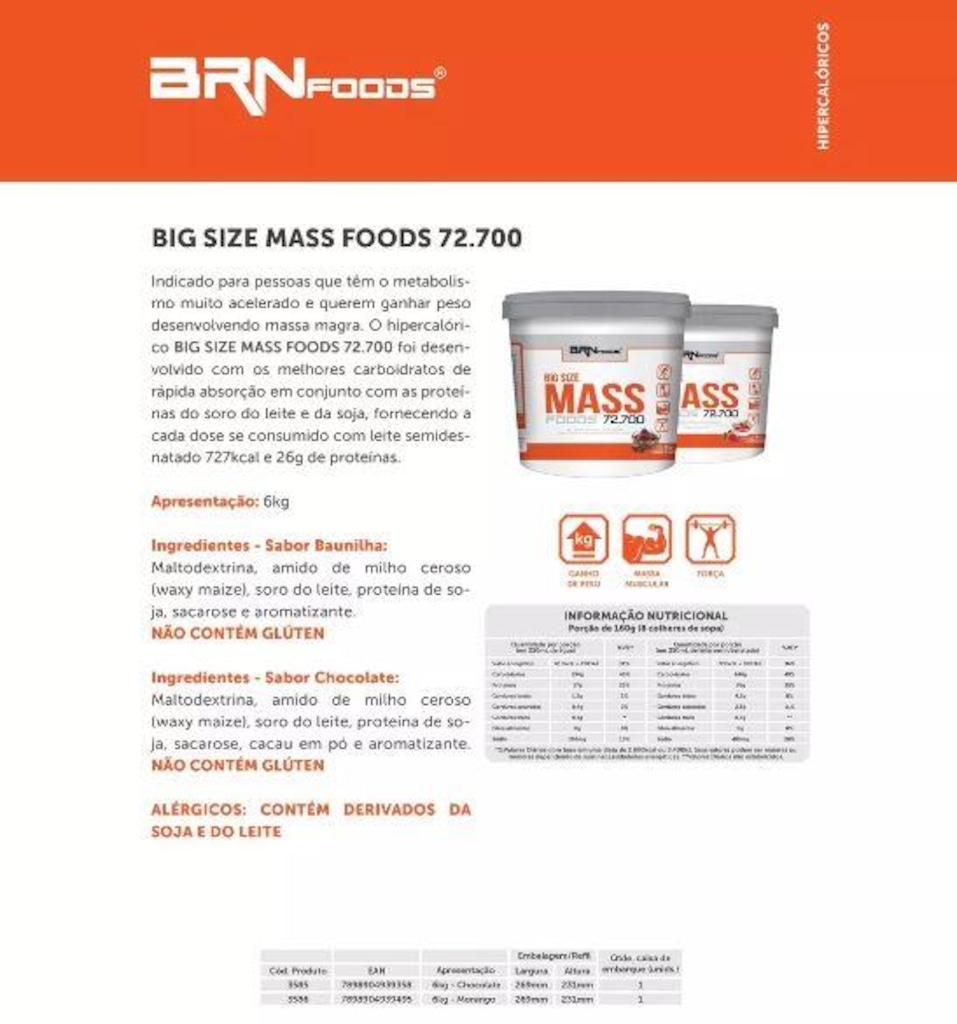 Imagem 3 do produto Kit Ganho De Peso - Hipercalorico Brn Foods - Chocolatte - 6kg + Waxy Maize