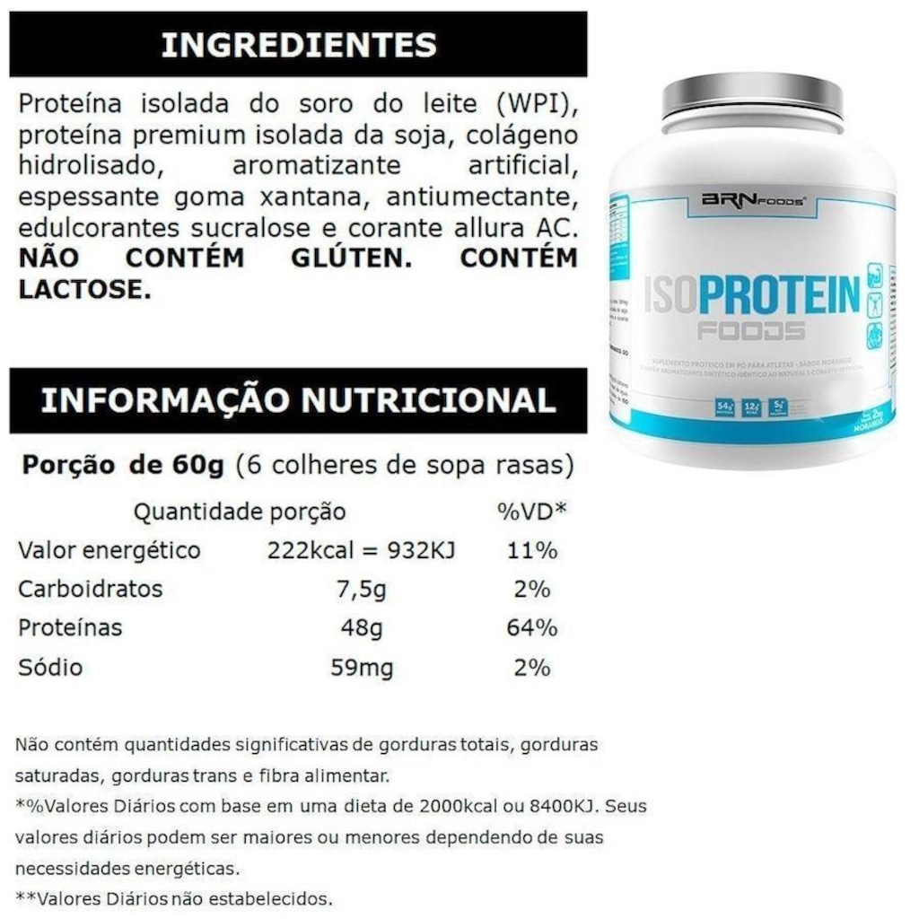 Imagem 2 do produto Whey Protein Isolado BRN Foods - Morango - 2kg + Coqueteleira