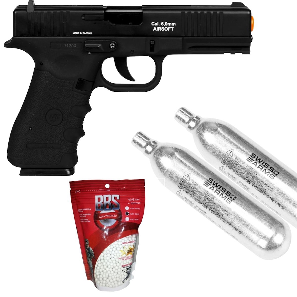 Kit Pistola de Airsoft CO2 Win Gun W119 Semi-Automática + 2 Minis Cilindros CO2 12g + 2000 BBs 0,20g - Foto 1