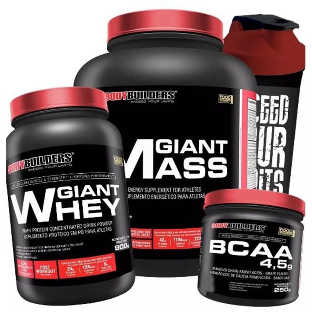 Kit Giant Mass Bodybuilders - 3kg + Giant Whey + Bcaa 4.5 Powder + Coqueteleira
